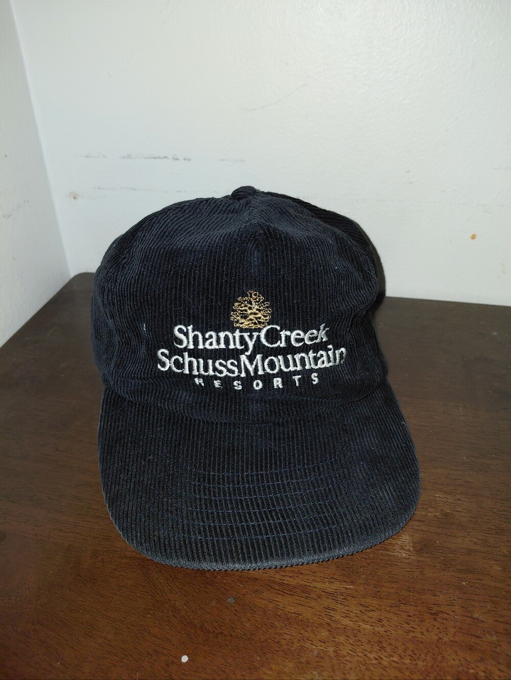 Vintage Black Corduroy Shanty Creek Schuss Mountain Resorts Snapback Hat Cap